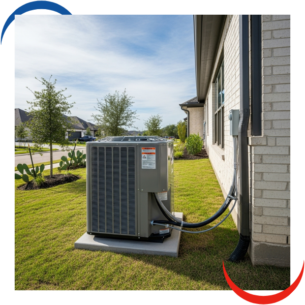 a professionally installed residential HVAC outdoor unit on a concrete pad next to a modern brick home