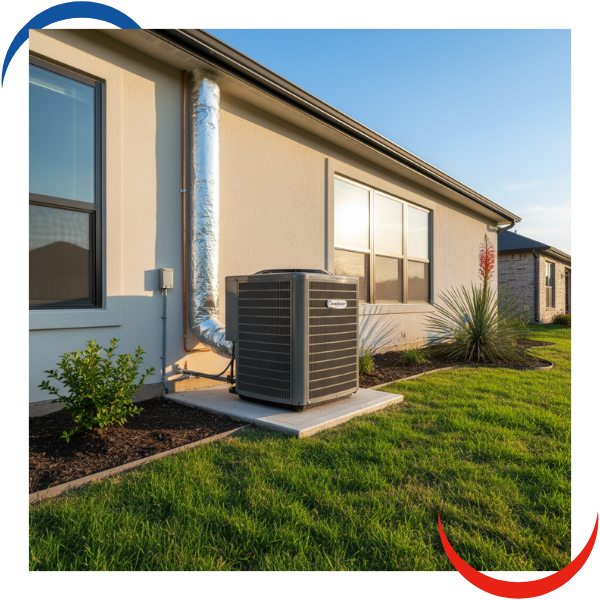 newly installed, modern residential HVAC unit sits neatly on a concrete pad outside a home