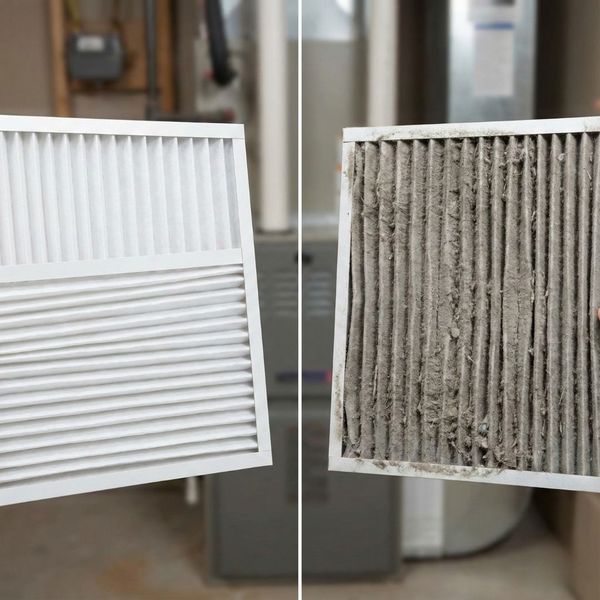 Side-by-side comparison of a clean white furnace air filter versus a dirty, clogged air filter.