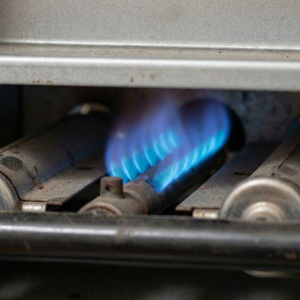 Close-up view of a healthy blue pilot light flame burning inside a residential gas furnace.