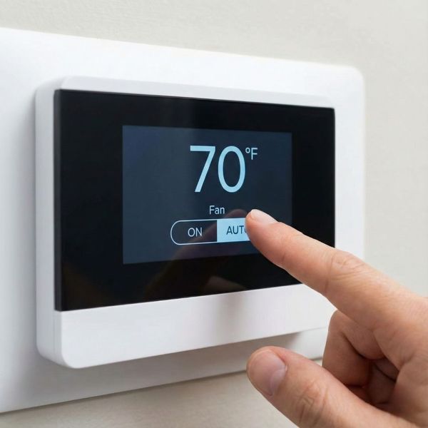 Finger adjusting a digital thermostat fan setting to Auto to prevent cold air circulation.