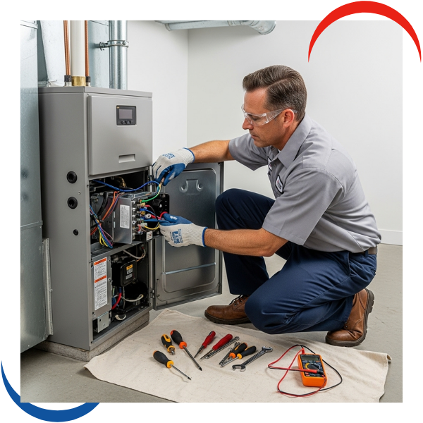 a focused technician, wearing safety glasses and gloves, efficiently diagnosing an indoor furnace unit with a multimeter and tools laid out