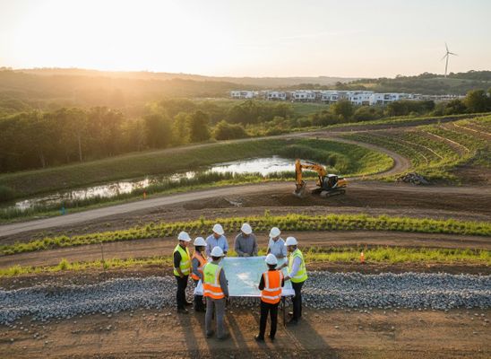 Construction Team Reviewing Plans on Development Site