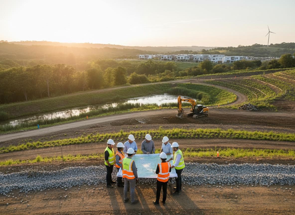 Construction Team Reviewing Plans on Development Site