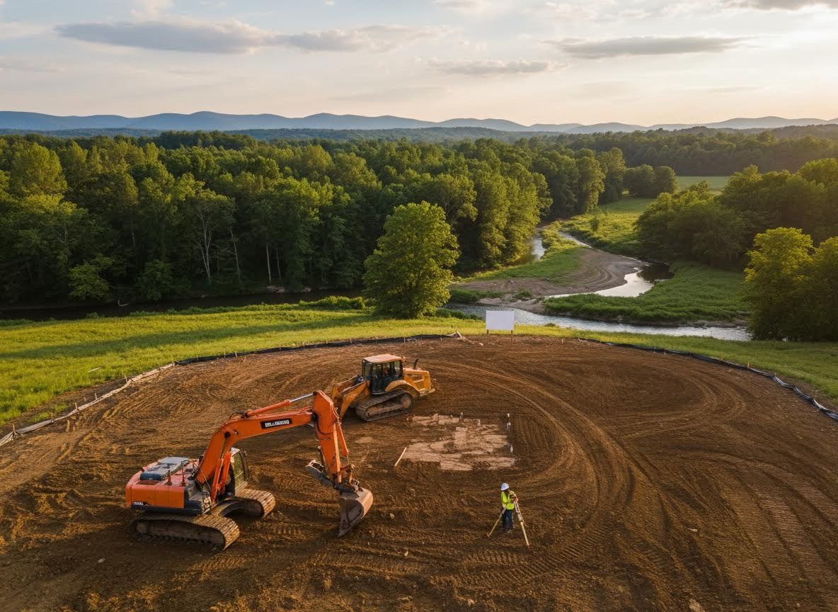 Aerial view of construction site with excavator, bulldozer, and surveyor