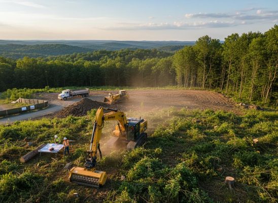 Aerial View of Land Clearing with Heavy Machinery and Construction Workers