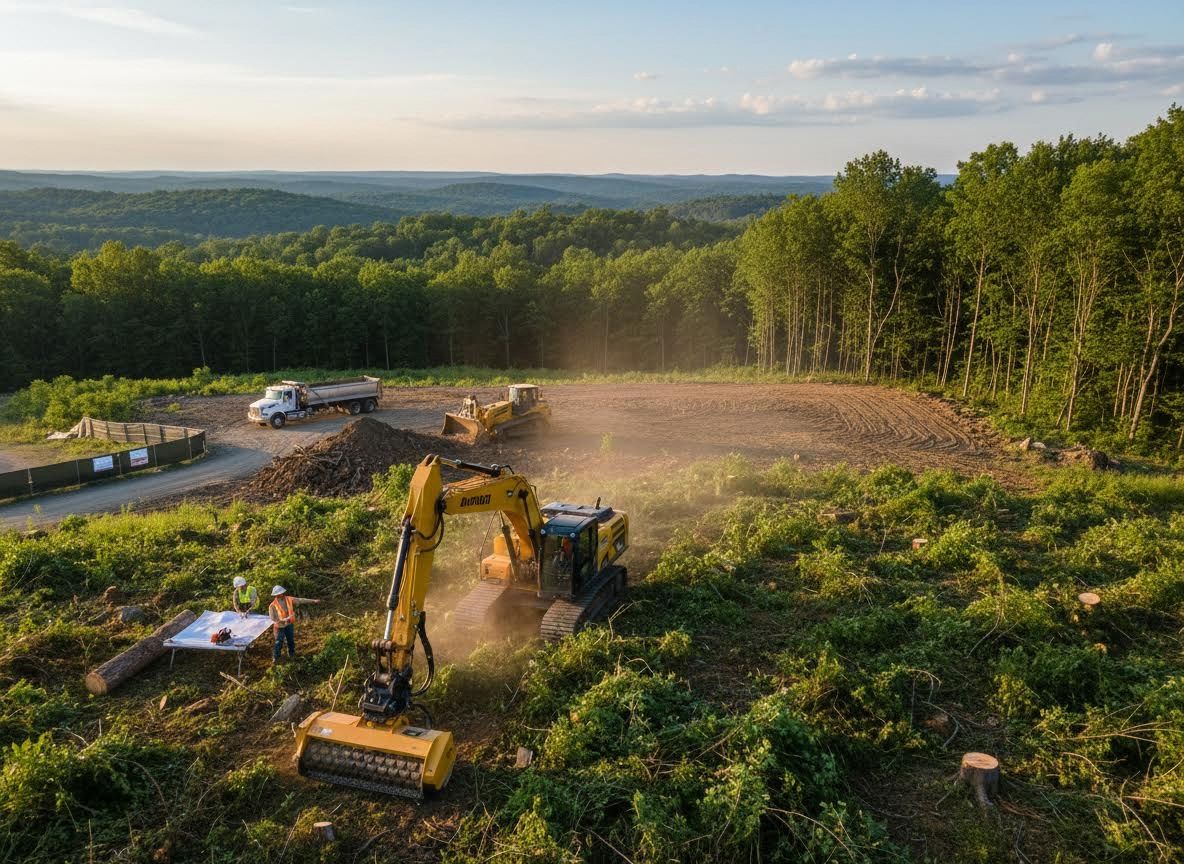 Aerial View of Land Clearing with Heavy Machinery and Construction Workers