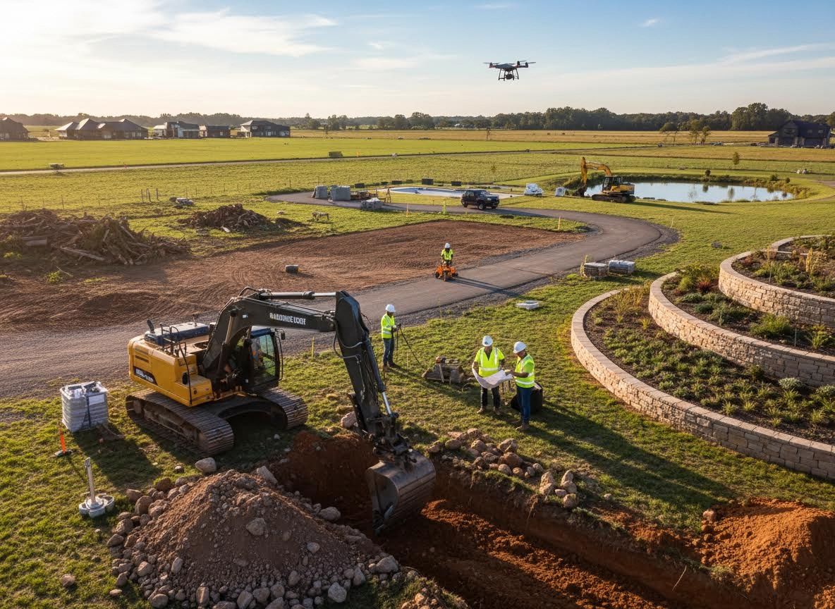 Construction site with drone, excavator, and workers