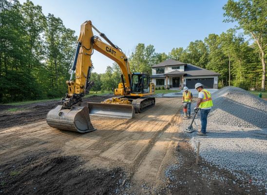 Two workers and a yellow excavator preparing a new house's driveway with compacted gravel, in front of a modern home. Residential driveway construction