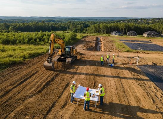 Construction Site with Workers, Excavator, and Blueprints