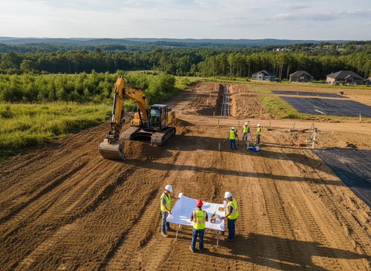Construction Site with Workers, Excavator, and Blueprints