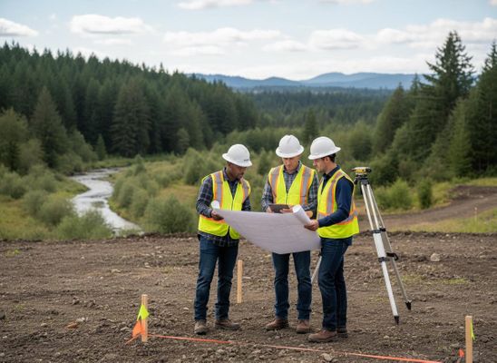 Three construction workers in hard hats and safety vests study blueprints on a project site with a river, forest, and mountains in the background. Construction Team Reviewing Blueprints on Site