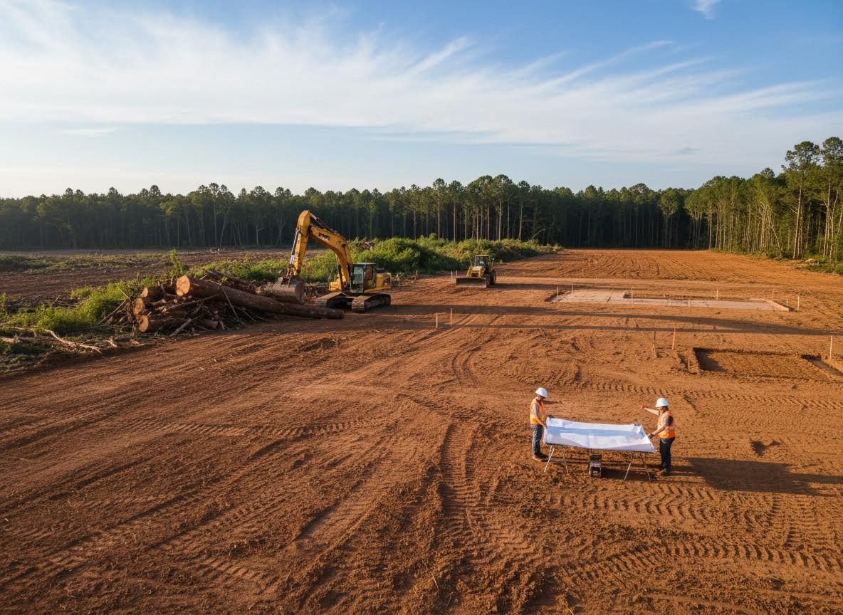 Construction Site Surveying with Workers and Heavy Equipment