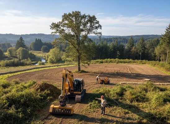 Aerial view of a land clearing project with an excavator, mulching machine, and two workers in a field beside a river and forest. Land Clearing and Environmental Restoration with Heavy Equipment