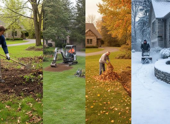 Collage of four images showing seasonal outdoor work: spring raking, summer digging with excavator, fall leaf cleanup, and winter snow removal. Four Seasons of Outdoor Home Maintenance