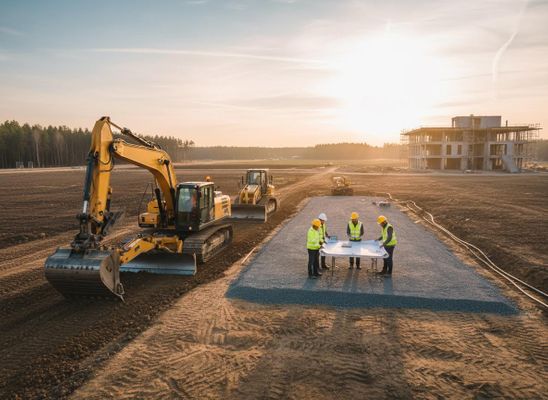 Four construction workers examine blueprints on a gravel pad at a building site with excavators, a bulldozer, and a new structure under construction. Construction Team Meeting at Sunset
