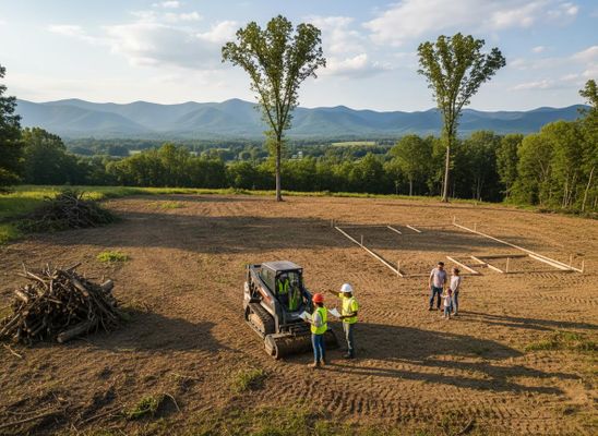 Construction workers and a family on a cleared building site with marked foundation and mini-excavator, mountains in background. New Home Construction Site Preparation in Scenic Valley