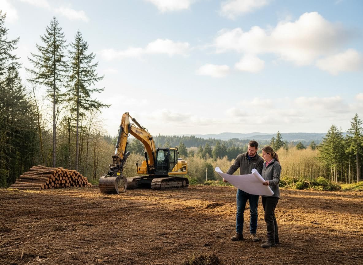 Man and Woman Reviewing Blueprints on Cleared Land