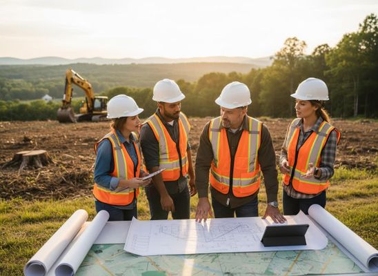 Four construction professionals in hard hats and safety vests review blueprints and a tablet at a cleared development site, an excavator visible. Construction Team Reviewing Blueprints On-Site