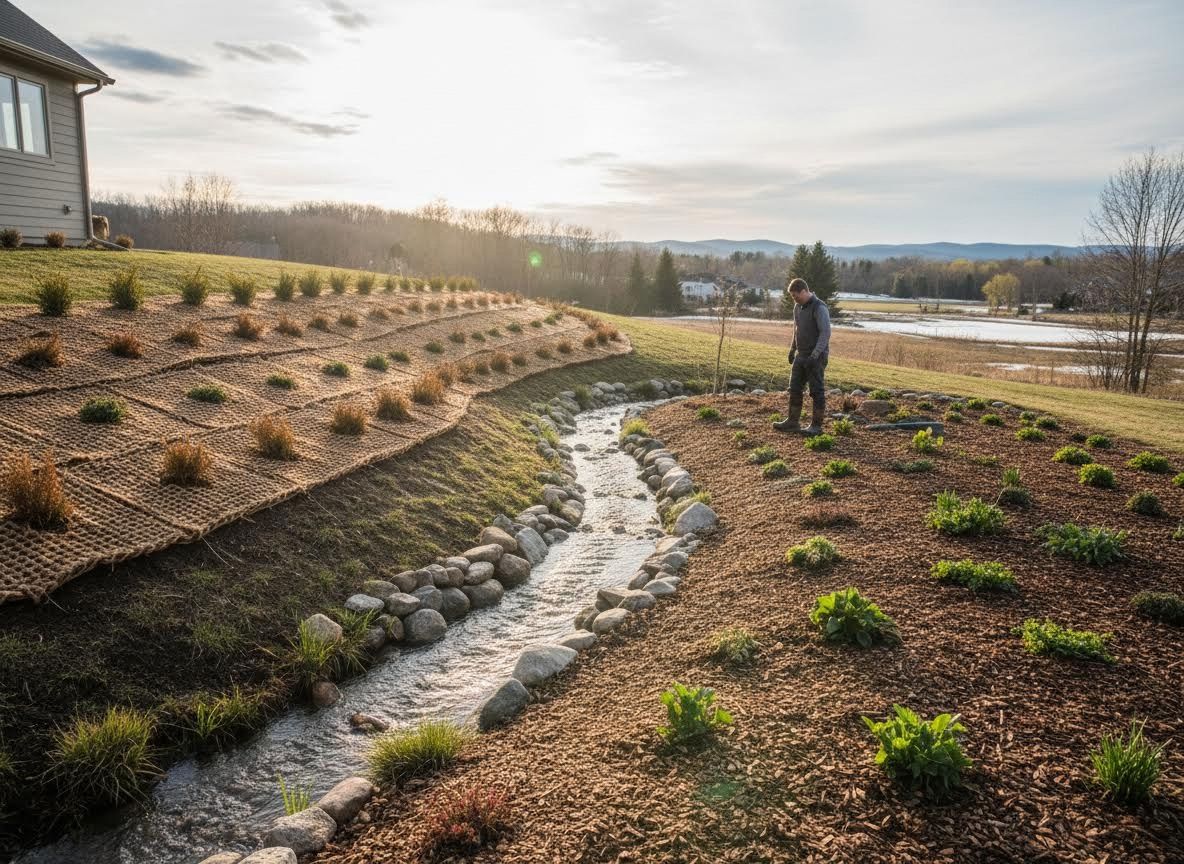 Newly landscaped garden with stream and erosion control