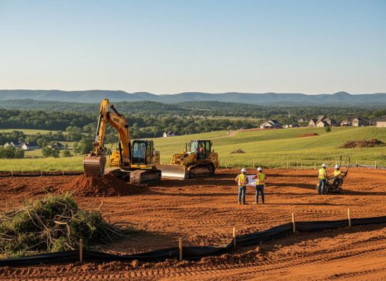 Excavator, bulldozer, and workers in safety gear reviewing blueprints at a construction site with red earth, green fields, and distant hills. Construction site with heavy machinery and workers planning