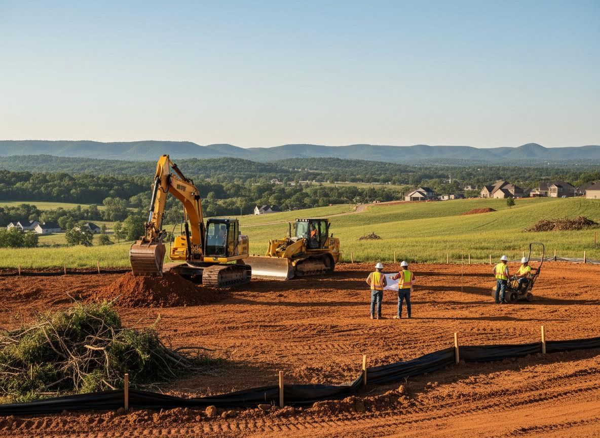 Construction site with heavy machinery and workers planning