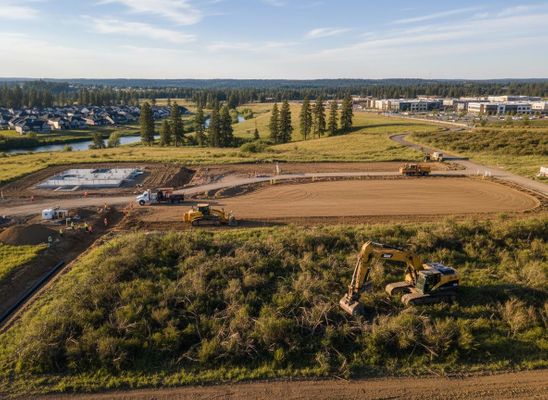 Aerial view of construction site with machinery and new foundation