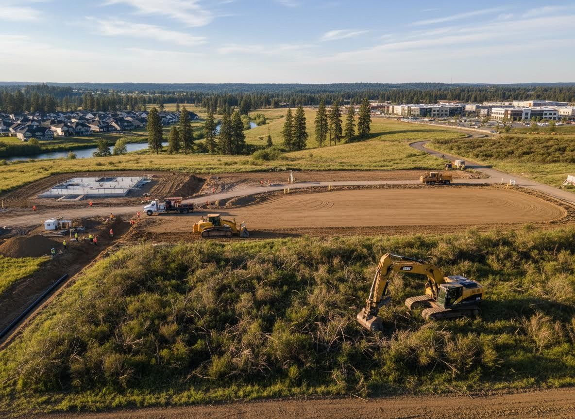 Aerial view of construction site with machinery and new foundation