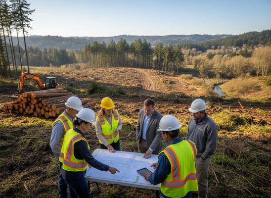 A team of six in hard hats reviews plans at a cleared land site with logs, an excavator, distant forests, and a winding river. Project team reviewing plans at a cleared land site