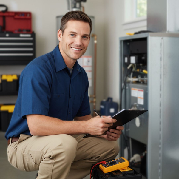 HVAC technician working near a residential furnace unit. HVAC technician working near a residential furnace unit.