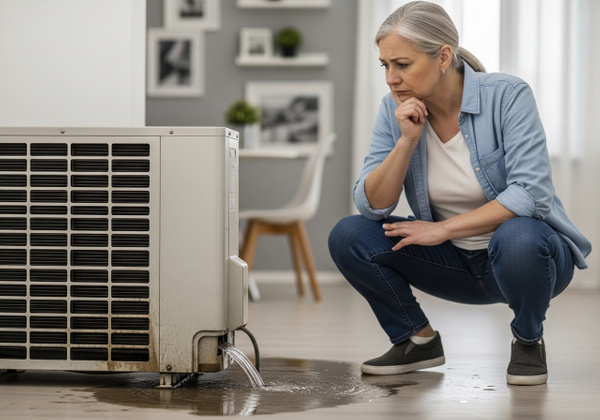 A concerned-looking woman with gray hair squats next to a leaking air conditioning unit inside a home, with water pooling on the floor. Woman Inspecting Leaking Air Conditioner