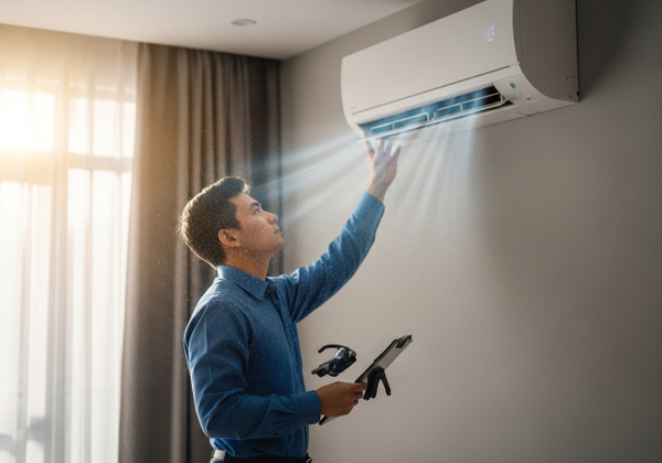 Air Conditioning Technician Inspecting Unit