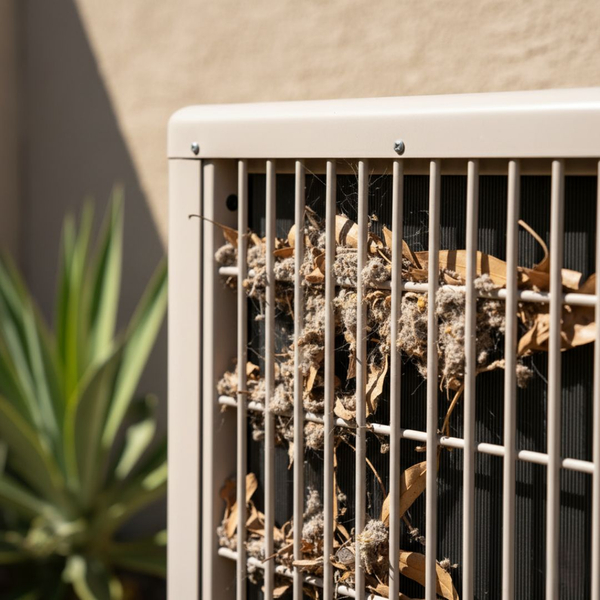 A close-up view of the side of an outdoor HVAC condenser unit, with its grates visibly clogged with a significant amount of dried leaves, dust, and natural debris, set against a sunny outdoor background. A close-up view of the side of an outdoor HVAC condenser unit, with its grates visibly clogged with a significant amount of dried leaves, dust, and natural debris, set against a sunny outdoor background.