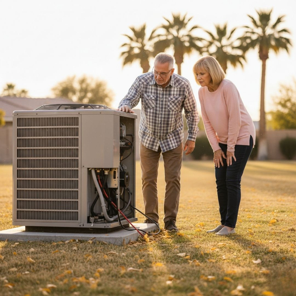 older homeowners inspecting non-working HVAC system