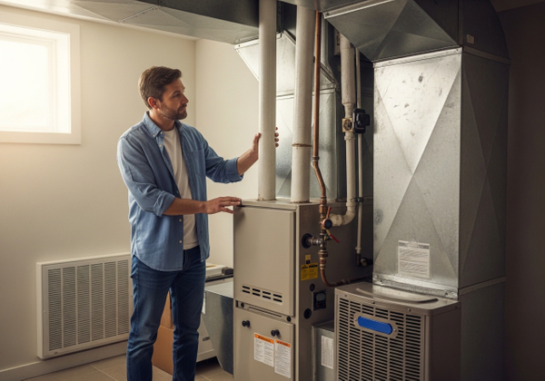 A man in a denim shirt and jeans is carefully inspecting his home's furnace and HVAC system, ensuring everything is in proper working order. The furnace, with its various pipes and vents, stands prominently in the room, while the man's focused expression highlights the importance of home maintenance. Man Inspecting Home Furnace