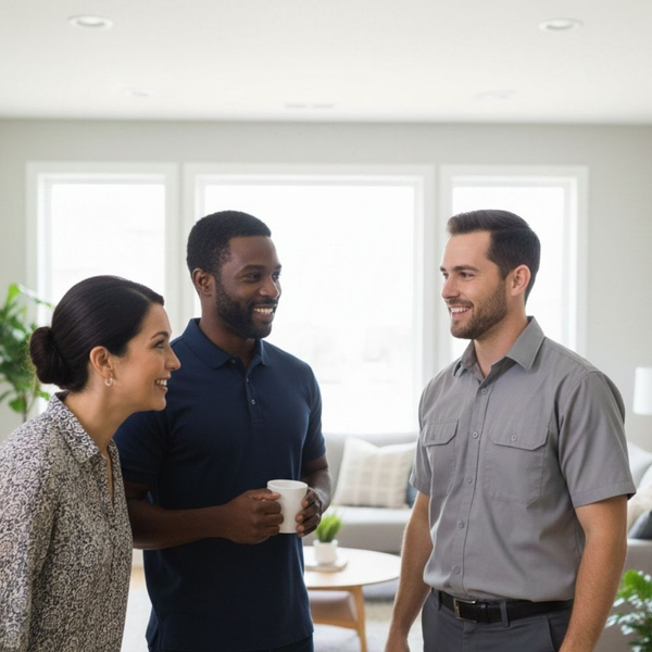 happy homeowners talking about HVAC financing options