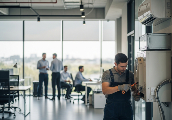 In a well-lit, modern office, an HVAC technician in a gray shirt and dark blue overalls, wearing protective gloves, meticulously services a wall-mounted air conditioning unit. The backdrop features a bright, open workspace with large windows, where blurred figures of office workers can be seen engaged in their tasks, some in discussion and others at their desks. The focus is sharp on the technician and the AC unit, highlighting the routine maintenance within the office environment. HVAC technician servicing air conditioning unit in office