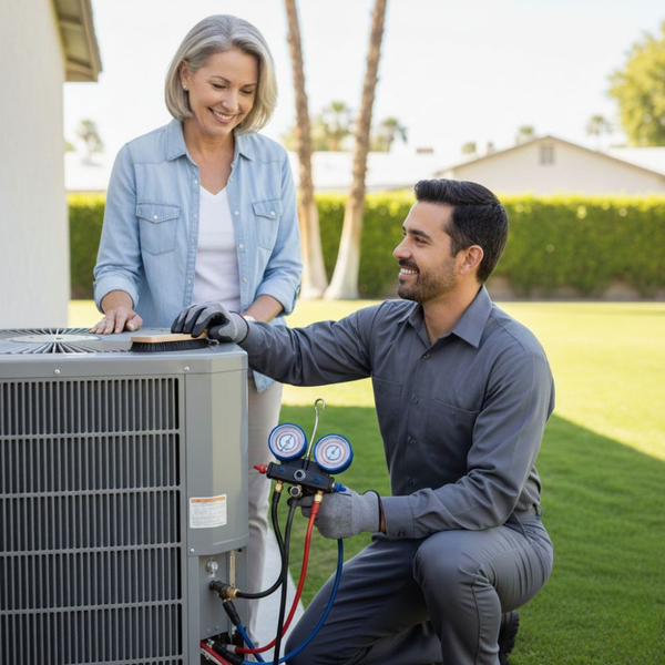 tech checking AC installation 