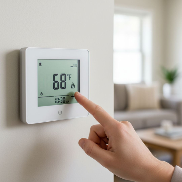 A shot of a modern, clean digital thermostat on a wall, with a hand lightly touching the screen to adjust the temperature up. A shot of a modern, clean digital thermostat on a wall, with a hand lightly touching the screen to adjust the temperature up.