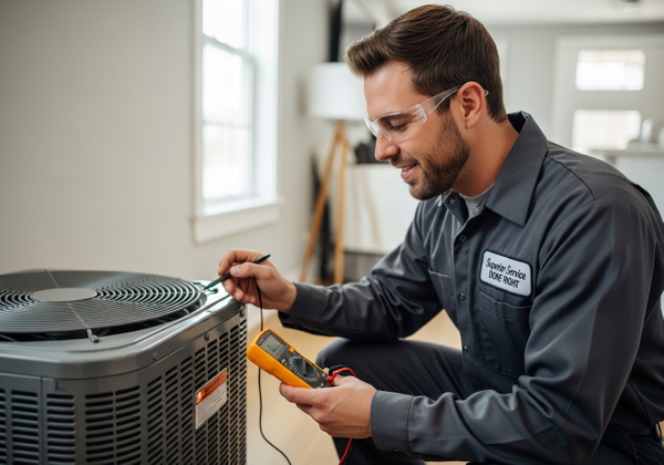 A technician wearing safety glasses and a uniform labeled "Superior Service DONE RIGHT" is crouching to inspect an HVAC unit with a multimeter. The setting is indoors, with a window and other furniture visible in the background. HVAC Technician Inspecting Unit