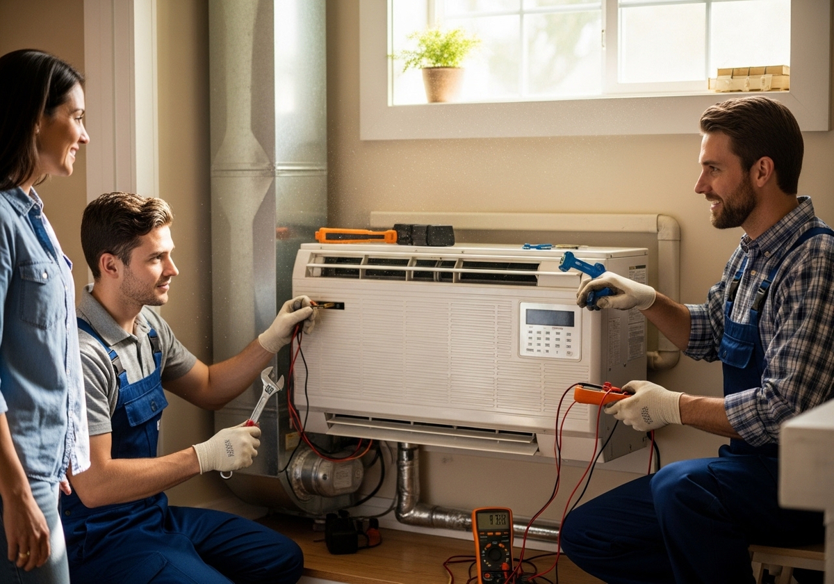 HVAC Technicians Servicing an Air Conditioner Unit