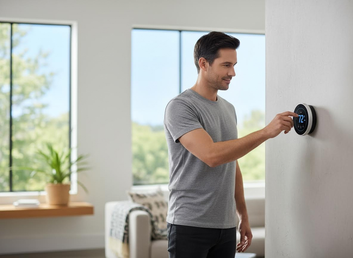 man adjusting his thermostat on the wall of his home