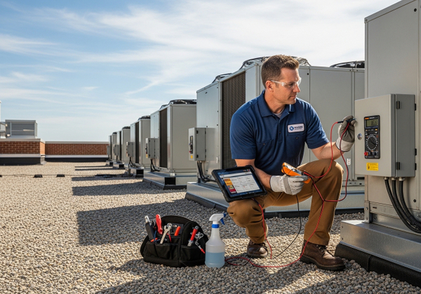 A technician in a blue shirt, tan pants, work boots, and safety glasses is kneeling on a rooftop covered in small gravel, using a multimeter to test the electrical components of a large HVAC unit. He is also using a tablet and has a tool bag and spray bottle nearby. Several other HVAC units are lined up in the background under a clear, blue sky. HVAC Technician Performing Maintenance on Rooftop Unit