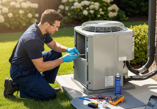 A skilled HVAC technician is shown kneeling outdoors, meticulously servicing a residential air conditioning unit on a sunny day. He wears safety glasses and blue gloves while using a screwdriver to access the unit's components. Various tools, including a multimeter and cleaning solutions, are neatly arranged on a protective mat nearby, ensuring efficient and professional maintenance. HVAC Technician Servicing Air Conditioner