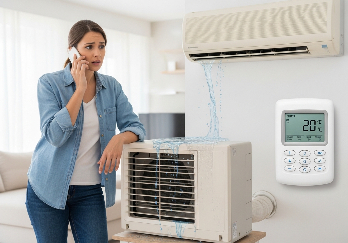 Worried woman calls for AC repair as unit leaks