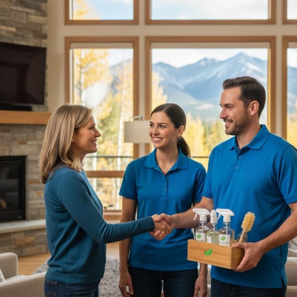 Cleaning staff shaking hands with homeowner Cleaning staff shaking hands with homeowner