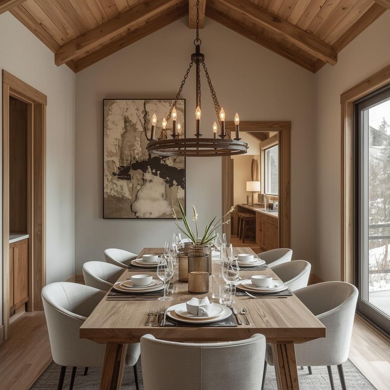 hyperrealistic image of a modestly sized clean dining room in a modern mountain home. the shot should not be absolutely perfect, but should show how perfectly set and staged the table is. with a  rustic chandelier.jpg