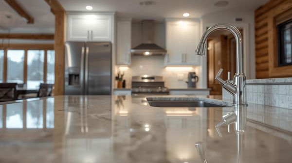 A hyperrealistic, modern photograph capturing a meticulously clean kitchen nestled within a cozy mountain home. The focus is on the immaculate surfaces, gleaming countertops, spotless appliances, and polished fixtures, emphasizing the prist.jpg