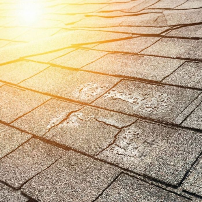 Asphalt roof shingles showing cracking and blistering under bright sunlight.