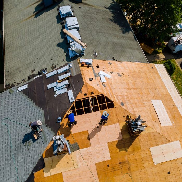 A aerial shot of roofers